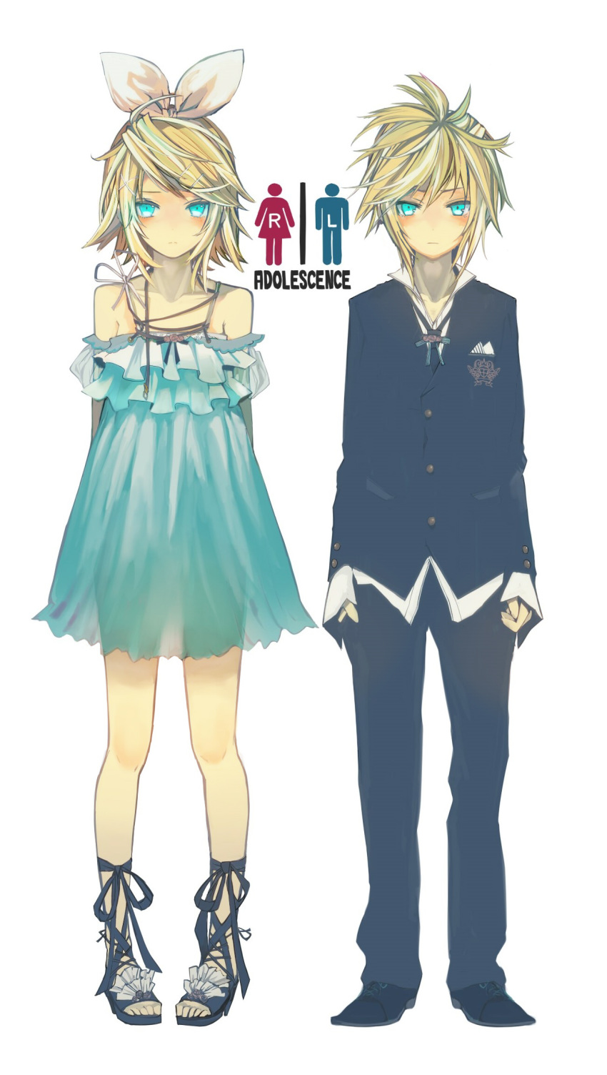 1boy 1girl adolescence_(vocaloid) aqua_dress aqua_eyes arms_behind_back bare_shoulders black_footwear black_jacket black_neckwear black_pants blonde_hair brother_and_sister buttons closed_mouth dress full_body hair_ornament hairband hairclip highres jacket kagamine_len kagamine_rin legs_apart long_sleeves looking_at_viewer necktie pants pigeon-toed see-through shoes short_hair siblings simple_background standing ukai_saki vocaloid white_background white_hairband