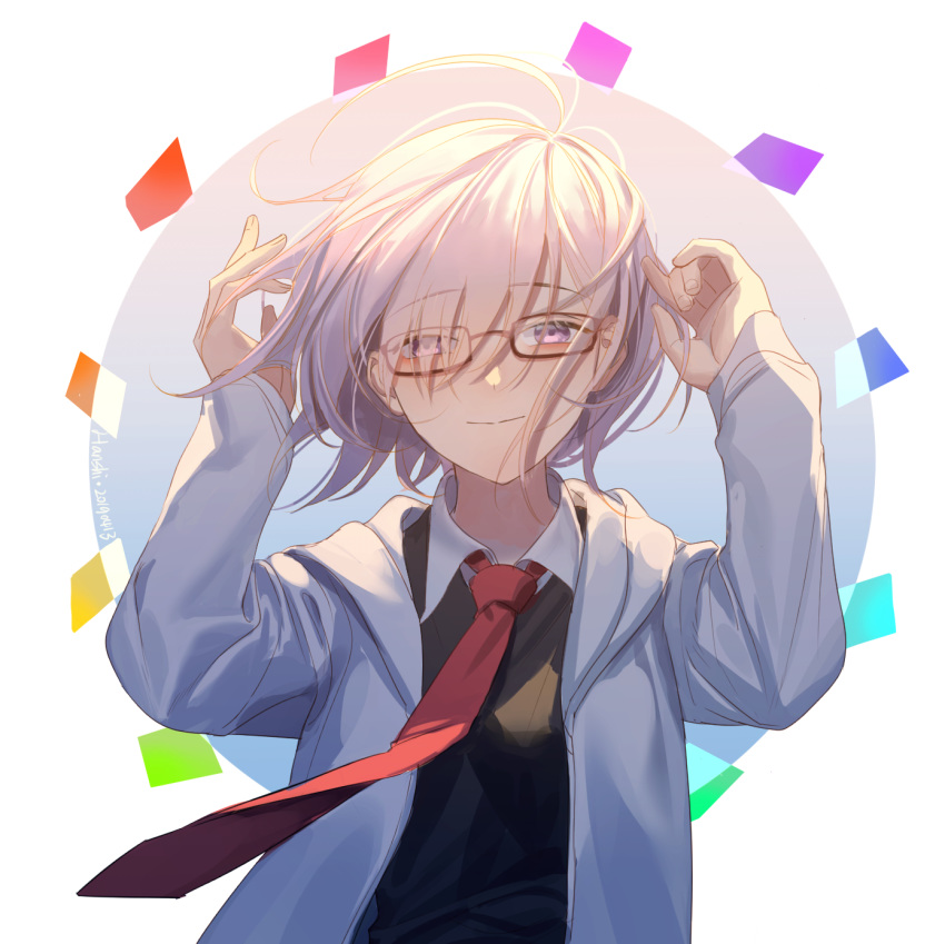 1girl anier black_shirt eyebrows_visible_through_hair eyes_visible_through_hair fate/grand_order fate_(series) floating_hair glasses hair_between_eyes highres hood hood_down hooded_jacket jacket looking_at_viewer mash_kyrielight necktie open_clothes open_jacket purple_eyes red-framed_eyewear red_neckwear shirt short_hair silver_hair smile solo upper_body white_background white_jacket wing_collar