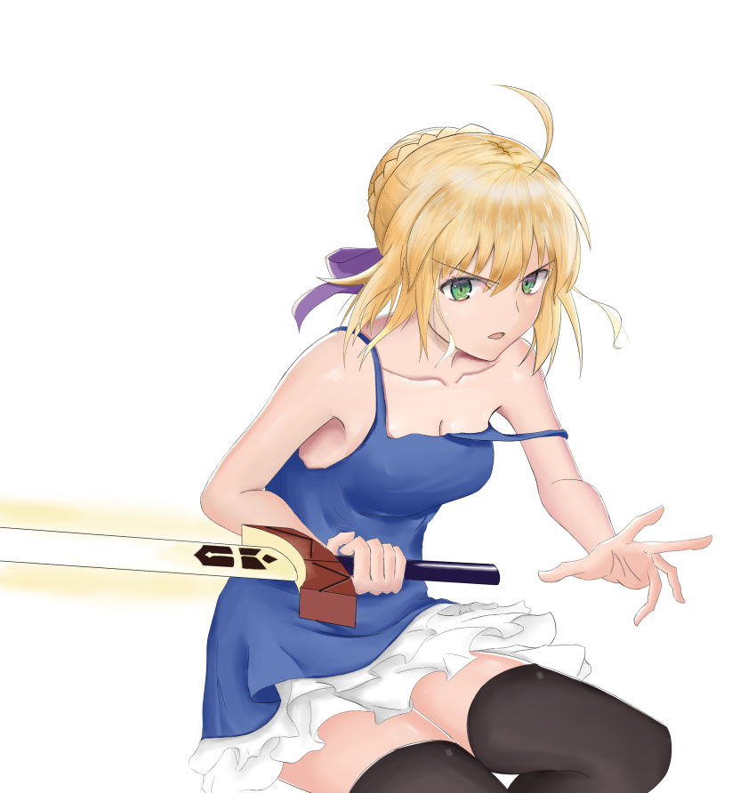 1girl absurdres ahoge artoria_pendragon_(all) black_legwear blonde_hair blue_shirt braided_bun collarbone excalibur fate/stay_night fate_(series) floating_hair green_eyes hair_between_eyes hair_ribbon highres holding holding_sword holding_weapon hungshuho8_3_96 layered_skirt miniskirt off_shoulder purple_ribbon ribbon saber shirt short_hair simple_background skirt sleeveless sleeveless_shirt solo sword thighhighs weapon white_background white_skirt zettai_ryouiki