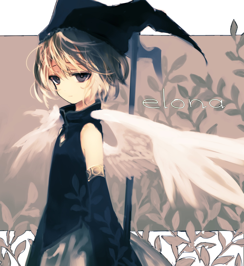 1boy absurdres bangs bare_shoulders black_headwear closed_mouth copyright_name crossdressing detached_sleeves elona feathered_wings grey_eyes hair_between_eyes hat highres huge_filesize jester_cap kumiromi_of_harvest long_sleeves plant scythe short_hair skirt solo ukai_saki white_skirt white_wings wings