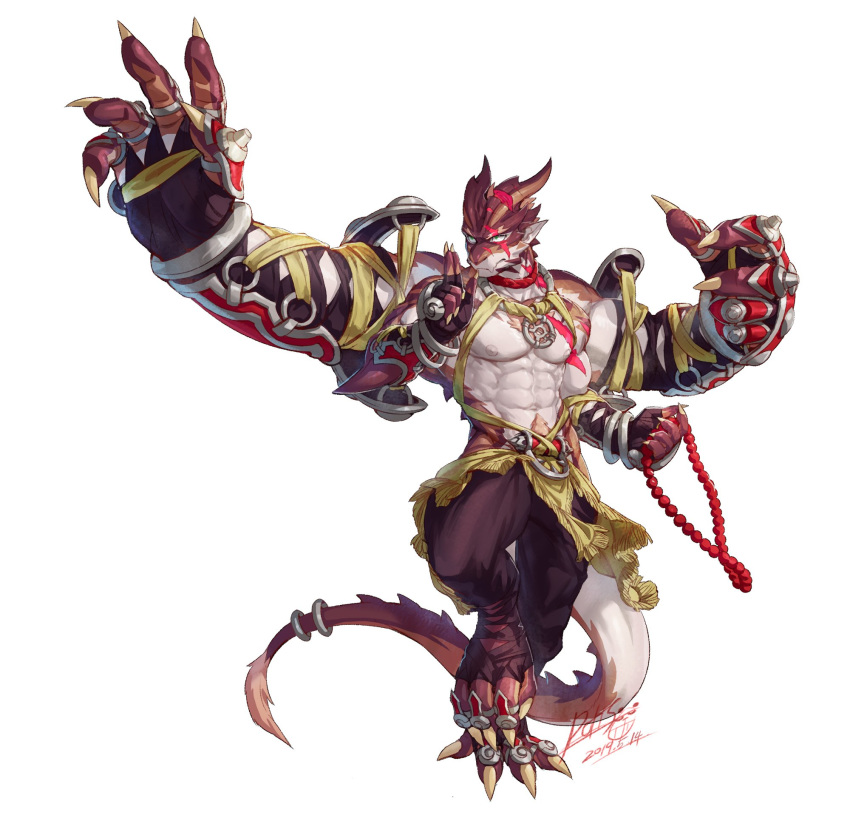 2019 4_arms abs anthro armor big_arms body_hair chest_hair claws clothing countershade_face countershade_torso countershading digitigrade dragon fingernails happy_trail hi_res jacketbear male multi_arm multi_limb muscular muscular_male nails pants pose pubes red_scales reptile scales scalie sharp_nails simple_background solo toe_claws white_countershading