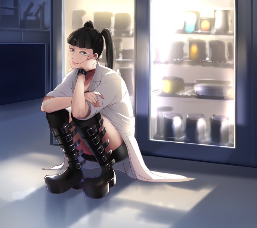 1girl abigail_sciuto bangs black_footwear black_hair blunt_bangs boots buckle cabinet closed_mouth green_eyes highres knee_boots labcoat long_hair long_sleeves looking_at_viewer ncis saba_(sabatora) sleeves_rolled_up smile solo squatting thighs twintails wedge_heels