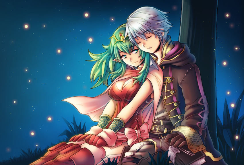 1boy 1girl book breasts brown_gloves chiki cleavage closed_eyes closed_mouth commission fire_emblem fire_emblem:_kakusei gloves grass green_eyes green_hair highres hood hood_down long_hair long_sleeves male_my_unit_(fire_emblem:_kakusei) mamkute my_unit_(fire_emblem:_kakusei) parted_lips pointy_ears red_gloves short_hair sitting sleeping smile snowcarnival tiara tree white_hair