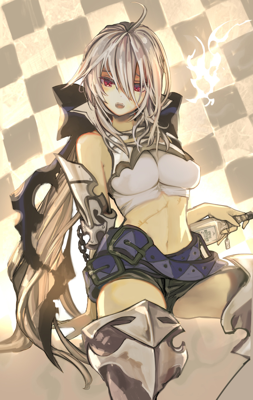 1girl absurdres ahoge bangs bare_shoulders belt belt_buckle black_shorts bottle bow breasts buckle chain checkered checkered_background crop_top furrowed_eyebrows greaves hair_between_eyes hair_bow highres holding holding_bottle large_breasts long_hair looking_at_viewer multiple_belts navel open_mouth ponytail purple_belt purple_bow red_eyes shorts silver_hair sitting solo stitches teeth torn_bow torn_clothes ukai_saki very_long_hair vocaloid voyakiloid yowane_haku