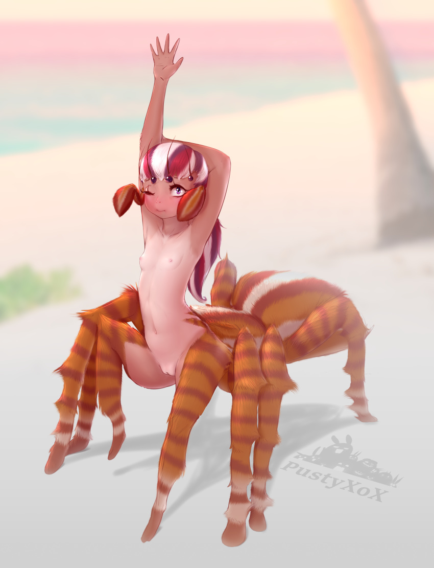 8_legs absurd_res animal_humanoid arachnid arachnid_humanoid arachnid_taur araneomorph arthropod arthropod_humanoid arthropod_taur beach blurred_background blush breasts collarbone female front_view full-length_portrait fur hair hi_res humanoid jumping_spider light_skin multicolored_fur multicolored_hair navel one_eye_closed orange_fur portrait purple_eyes pussy pustyxox raised_arm red_hair sand seaside small_breasts solo spider spider_humanoid spider_taur stretching suntan tan_fur tan_line tan_skin taur three-quarter_view tree white_hair young