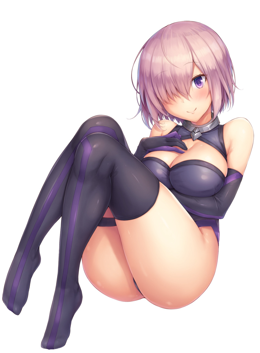 1girl breasts cleavage_cutout elbow_gloves eyebrows_visible_through_hair fate/grand_order fate_(series) gloves hair_over_one_eye highres large_breasts leotard looking_at_viewer mash_kyrielight purple_eyes purple_gloves purple_hair purple_legwear purple_leotard short_hair simple_background smile snowcanvas solo thigh_strap thighhighs white_background