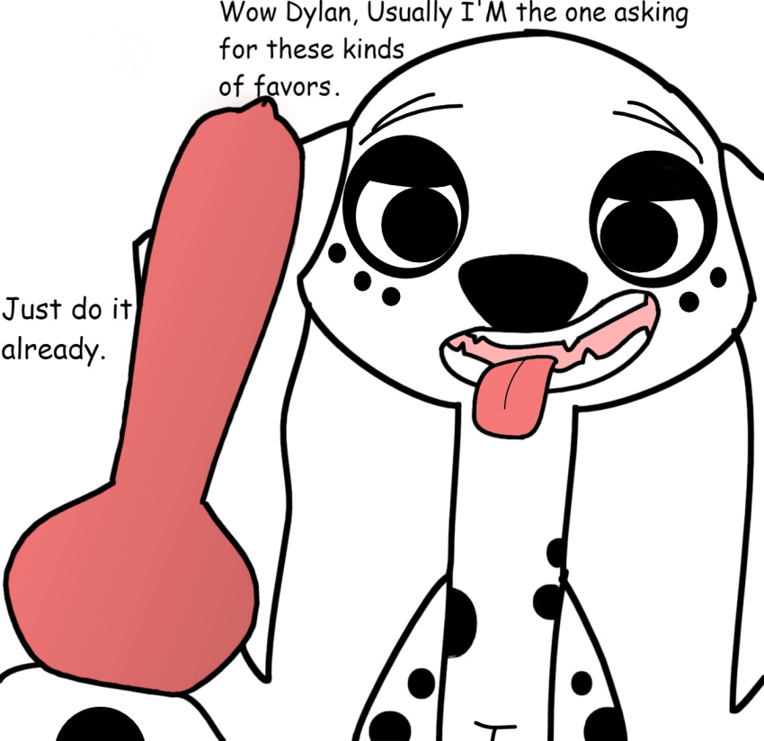 101_dalmatian_street 101_dalmatians anatomically_correct animal_genitalia animal_penis canid canine canine_penis canis dalmatian disney dolly_(101_dalmatians) domestic_dog duo dylan_(101_dalmatians) erection female feral flintanthro fur hi_res knot male mammal penis simple_background text white_fur