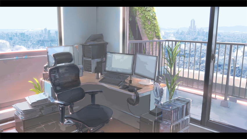 balcony building chair city cityscape cloud commentary computer computer_tower desk drawing_tablet fan file_cabinet foliage glass_door headphones highres indoors izumi_sai keyboard_(computer) letterboxed monitor mountainous_horizon no_humans office_chair paper paper_stack plant potted_plant real_life scenery sky skyscraper