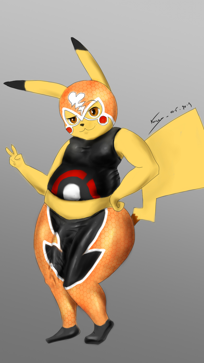 anthro clothed clothing cosplay_pikachu hi_res looking_at_viewer male mask nintendo pikachu pikachu_libre pok&eacute;mon pok&eacute;mon_(species) simple_background smile solo standing thick_thighs video_games