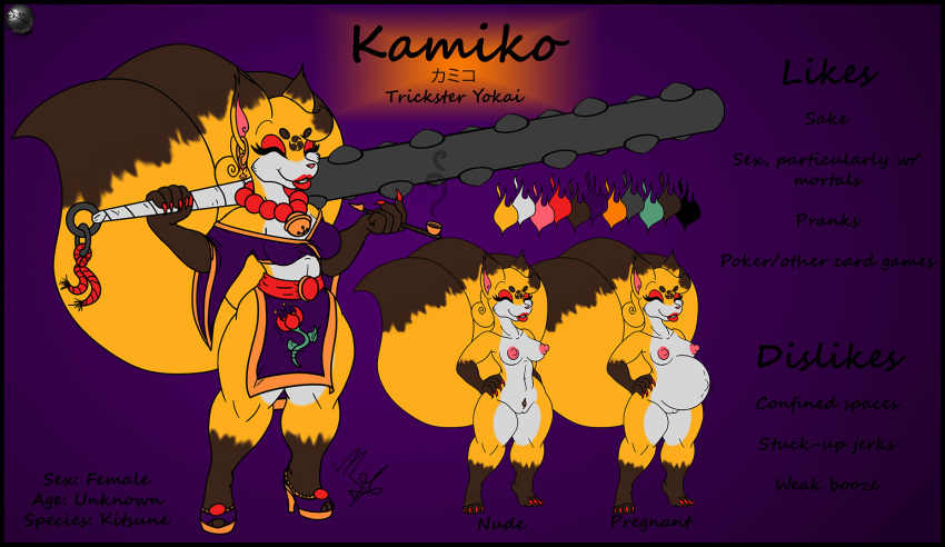 asian_mythology bell breasts canid canine clothing club_(weapon) dress ear_piercing ear_ring east_asian_mythology female fox fox_spirit hi_res japanese_mythology japanese_text jewelry kamiko mammal melee_weapon mike_argentum_(artist) model_sheet multi_tail mythology necklace nude piercing pipe pregnant purple_background pussy signature simple_background smoke text weapon yōkai