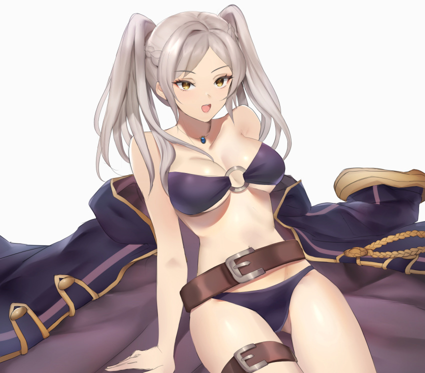 1girl absurdres belt bikini ei1han female_my_unit_(fire_emblem:_kakusei) fire_emblem fire_emblem:_kakusei fire_emblem_heroes highres jacket jewelry looking_at_viewer my_unit my_unit_(fire_emblem:_kakusei) pendant smile solo swimsuit twintails white_hair yellow_eyes