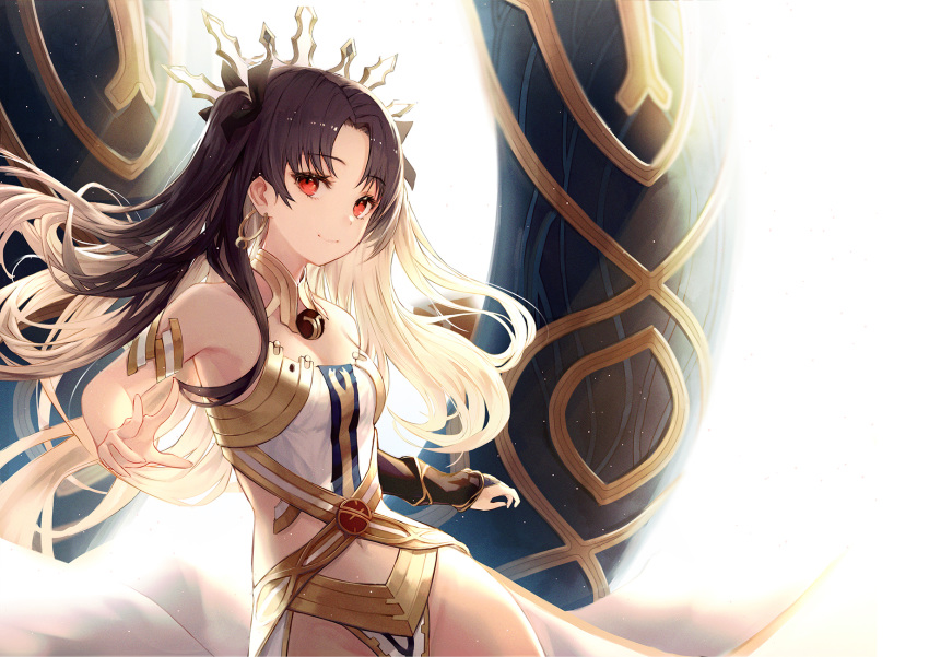 1girl armlet asymmetrical_legwear asymmetrical_sleeves bangs bare_shoulders black_hair blush breasts bridal_gauntlets crown detached_collar earrings elbow_gloves fate/grand_order fate_(series) gloves hair_ribbon highres hoop_earrings ishtar_(fate/grand_order) jewelry long_hair looking_at_viewer medium_breasts navel neck_ring parted_bangs pelvic_curtain red_eyes ribbon single_elbow_glove single_thighhigh smile solo thighhighs two_side_up yohaku