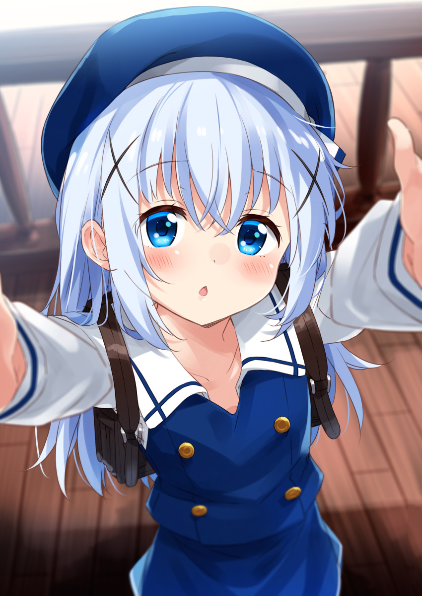 1girl :o absurdres arms_up back backpack bag bangs beret blue_eyes blue_hair blue_headwear blue_skirt blue_vest blurry blurry_background blush chestnut_mouth commentary_request depth_of_field eyebrows_visible_through_hair from_above gochuumon_wa_usagi_desu_ka? hair_between_eyes hair_ornament hat highres indoors kafuu_chino kafuu_chino's_school_uniform long_hair long_sleeves looking_at_viewer looking_up mousou_(mousou_temporary) outstretched_arms parted_lips railing reaching_out sailor_collar school_uniform shirt skirt solo vest white_sailor_collar white_shirt wooden_floor x_hair_ornament