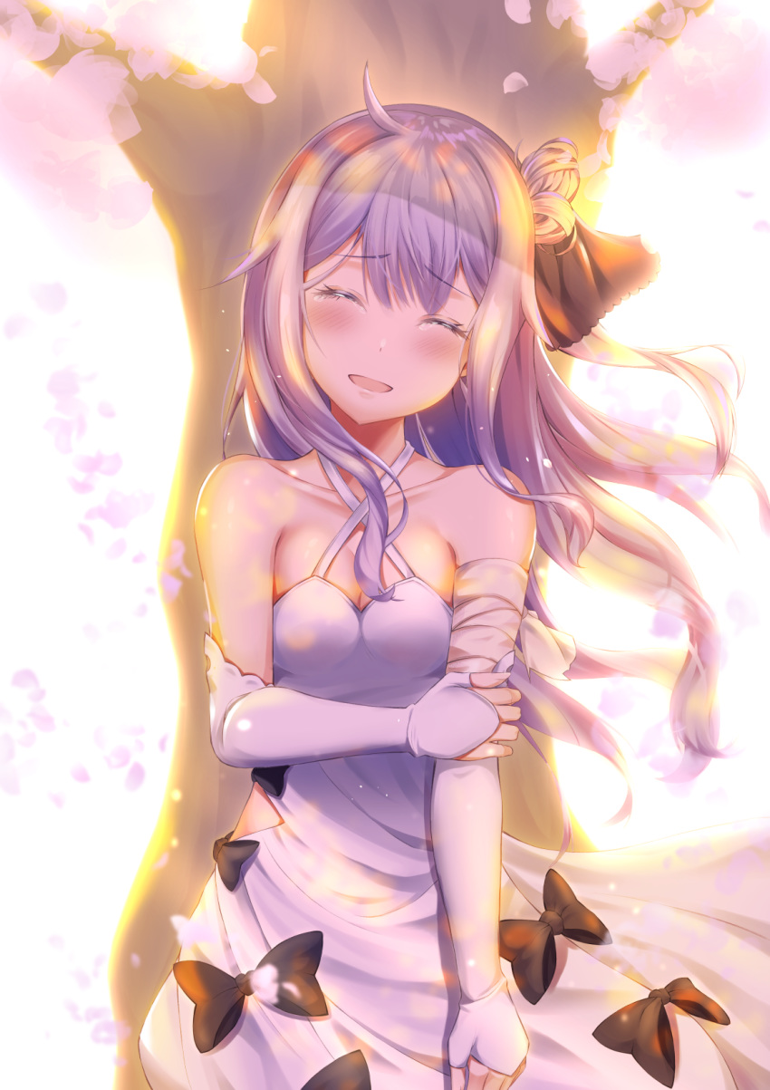 1girl :d ^_^ ahoge arm_grab azur_lane bandaged_arm bandages bangs black_bow black_ribbon blush bow breasts cleavage closed_eyes collarbone commentary criss-cross_halter dress elbow_gloves eyebrows_visible_through_hair facing_viewer fingernails flower gloves hair_between_eyes hair_bun hair_ribbon halterneck head_tilt highres hyonee long_hair medium_breasts one_side_up open_mouth petals pink_flower purple_hair ribbon side_bun smile solo spring_(season) standing tears tree unicorn_(azur_lane) very_long_hair white_dress white_gloves