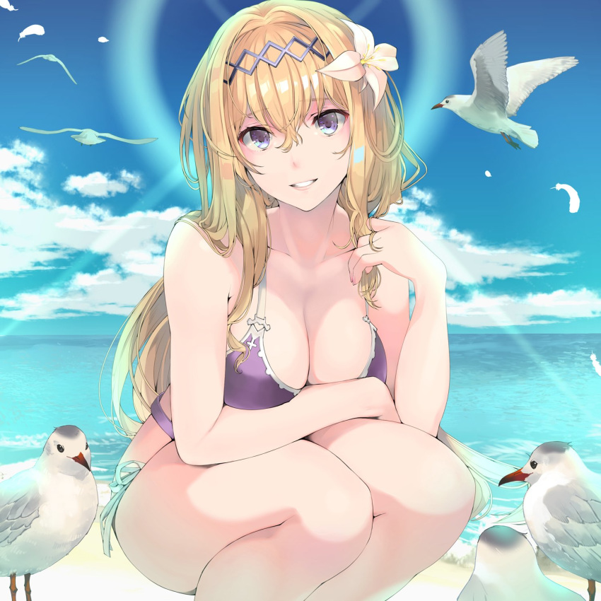 1girl bare_shoulders beach bikini bird blonde_hair blue_eyes blue_sky breasts cleavage cloud collarbone commentary_request flower front-tie_bikini front-tie_top granblue_fantasy grin hair_flower hair_intakes hair_ornament highres jeanne_d'arc_(granblue_fantasy) large_breasts lily_(flower) looking_at_viewer naruse_hirofumi ocean purple_bikini shore side-tie_bikini sky smile squatting swimsuit water white_flower