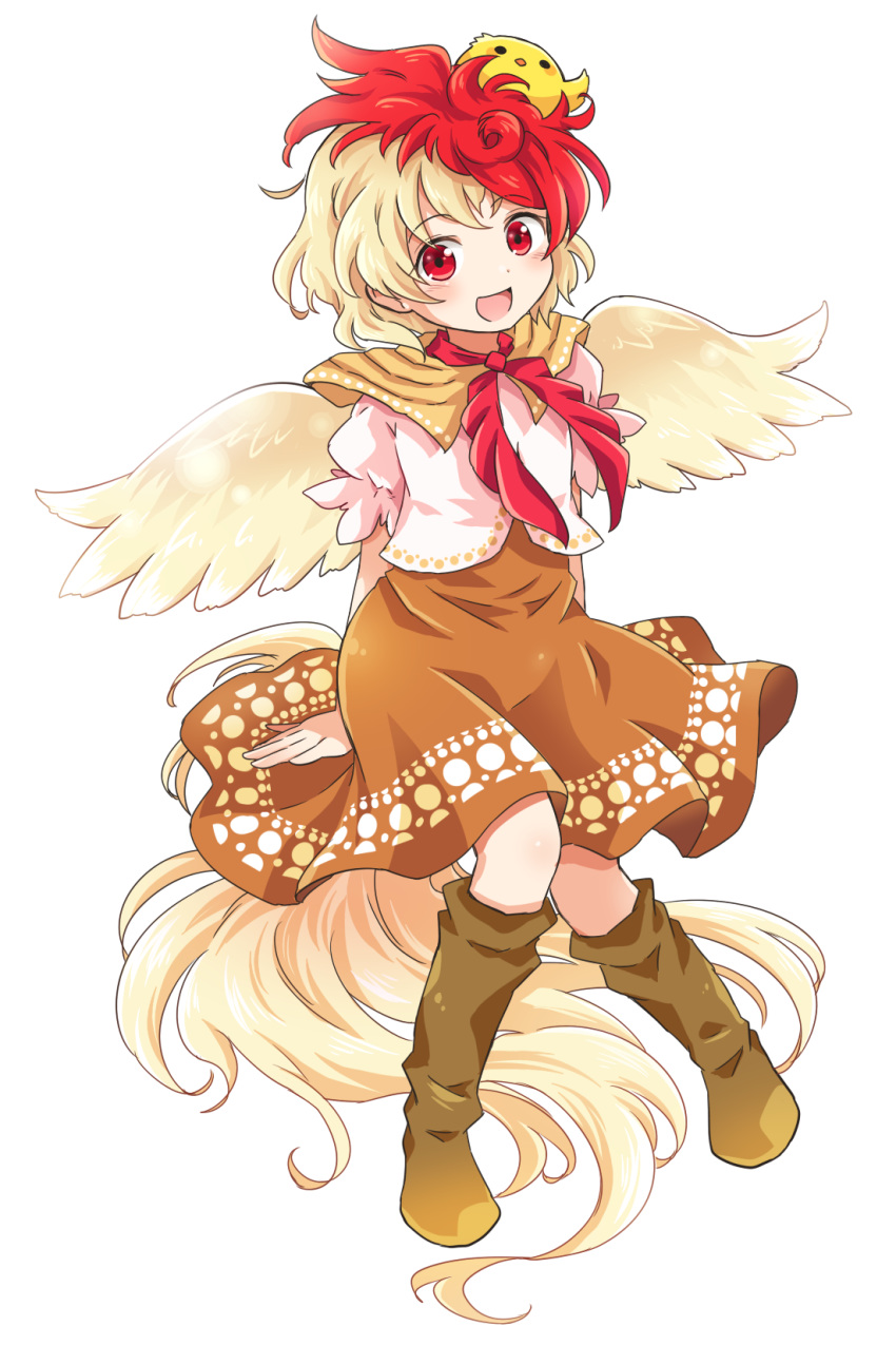 1girl :d arms_behind_back bird bird_wings blonde_hair blush boots brown_dress brown_footwear capelet chick dress eyebrows_visible_through_hair full_body head_tilt highres knee_boots knees_together_feet_apart layered_dress multicolored_hair neck_ribbon niwatari_kutaka open_mouth pote_(ptkan) puffy_short_sleeves puffy_sleeves red_eyes red_hair red_neckwear ribbon short_hair short_sleeves simple_background sitting sitting_on_hand smile solo tail touhou two-tone_hair white_background wings