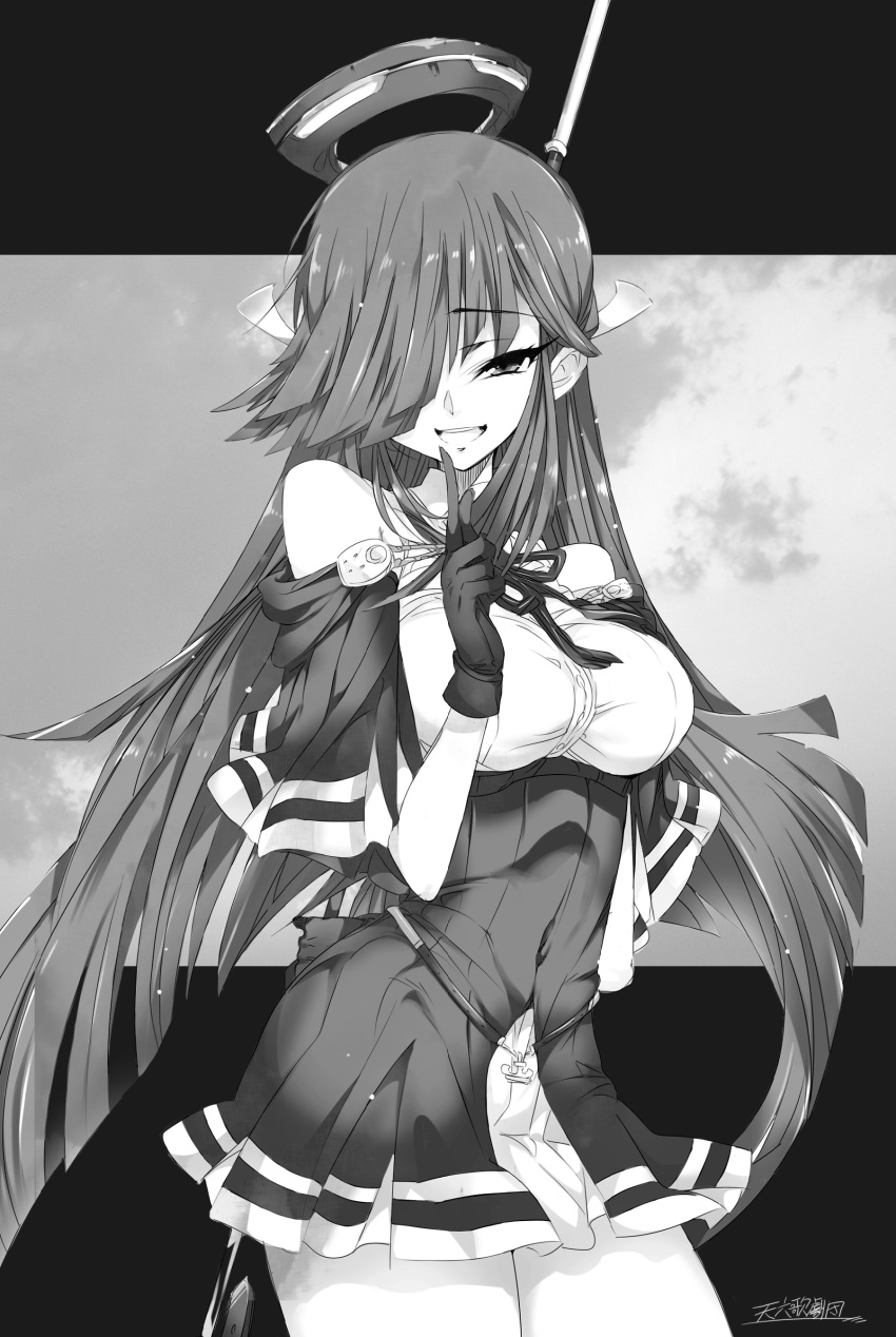 1girl absurdres alabaster_(artist) black_hair breasts cosplay dress finger_to_mouth gloves greyscale hair_over_one_eye hayashimo_(kantai_collection) highres kantai_collection long_hair mechanical_halo medium_breasts monochrome polearm short_dress signature solo spear tatsuta_(kantai_collection) tatsuta_(kantai_collection)_(cosplay) very_long_hair weapon