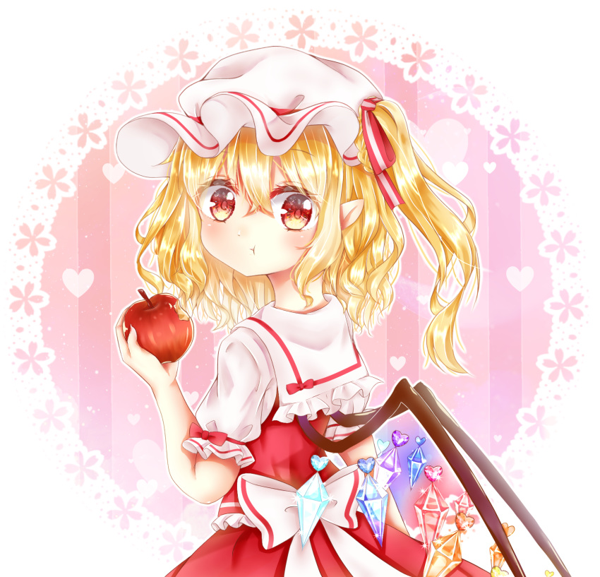 1girl :t apple blonde_hair blush bow commentary crystal eating english_commentary expressionless eyebrows_visible_through_hair flandre_scarlet food from_side fruit hair_between_eyes hair_ribbon hat heart highres holding holding_food holding_fruit lace_background looking_at_viewer looking_back mimi89819132 mob_cap pink_background pointy_ears puffy_short_sleeves puffy_sleeves red_eyes red_skirt red_vest ribbon shiny shiny_hair shirt short_hair short_sleeves side_ponytail skirt skirt_set solo striped striped_background striped_ribbon touhou vertical_stripes vest wavy_hair white_bow white_headwear white_shirt wings