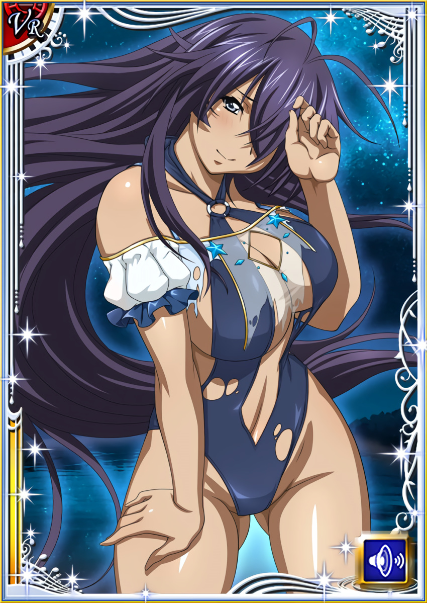 1girl antenna_hair ass_visible_through_thighs blue_swimsuit breasts card_(medium) casual_one-piece_swimsuit cleavage cowboy_shot criss-cross_halter detached_sleeves floating_hair frilled_sleeves frills grey_eyes hair_over_one_eye halterneck hand_on_lap head_tilt highres huge_breasts ikkitousen kan'u_unchou long_hair looking_at_viewer navel o-ring o-ring_swimsuit one-piece_swimsuit purple_hair shiny shiny_skin short_sleeves sideboob solo standing swimsuit torn_clothes torn_swimsuit very_long_hair white_sleeves