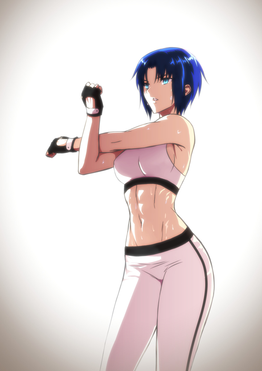 1girl abs axia-chan black_gloves blue_eyes blue_hair breasts ciel crossed_arms fingerless_gloves gloves groin highres medium_breasts navel open_mouth pants short_hair solo sports_bra stretch sweat sweatpants tsukihime white_background