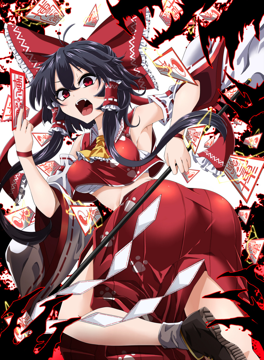 1girl antenna_hair armpits ascot ass bangs bare_shoulders black_hair blush bow breasts brown_eyes brown_footwear commentary_request crop_top detached_sleeves eyebrows_visible_through_hair fangs feet_out_of_frame frilled_ascot frills gohei hair_between_eyes hair_tubes hakurei_reimu highres holding long_sleeves looking_at_viewer medium_breasts midriff nail_polish ofuda open_mouth paw_print red_bow red_nails red_skirt ribbon-trimmed_bow ribbon-trimmed_sleeves ribbon_trim rihito_(usazukin) sarashi shoes short_hair side_slit sidelocks skirt socks solo thighs touhou twisted_torso white_background white_legwear wide_sleeves wily_beast_and_weakest_creature wing_collar wristband yellow_neckwear yin_yang