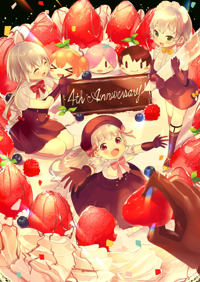 3girls :d ^_^ absurdres anniversary bangs beret black_background black_gloves black_headwear blueberry blurry blurry_foreground blush breasts brown_legwear brown_skirt cake closed_eyes commentary_request depth_of_field elbow_gloves eyebrows_visible_through_hair facial_scar fate/apocrypha fate/extra fate/grand_order fate_(series) food fruit fujimaru_ritsuka_(female) fujimaru_ritsuka_(male) gloves green_eyes hair_between_eyes hat highres huge_filesize ikari_(aor3507) jack_the_ripper_(fate/apocrypha) jeanne_d'arc_(fate)_(all) jeanne_d'arc_alter_santa_lily kneehighs long_hair looking_at_viewer mash_kyrielight minigirl multiple_girls nursery_rhyme_(fate/extra) object_hug on_food open_mouth out_of_frame outstretched_arms puffy_short_sleeves puffy_sleeves raspberry red_eyes scar scar_across_eye scar_on_cheek seiza shirt shoes short_sleeves silver_hair sitting skirt small_breasts smile standing very_long_hair white_shirt yellow_footwear