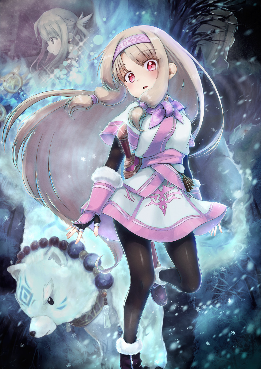 absurdres ainu_clothes bear berserker fate/grand_order fate_(series) fingerless_gloves fur_trim gloves headband highres huge_filesize illyasviel_von_einzbern karu_(ricardo_2628) long_hair low-tied_long_hair magical_ruby pantyhose pink_eyes polar_bear prisma_illya shirou_(fate/grand_order) sitonai skirt snowflakes sword weapon