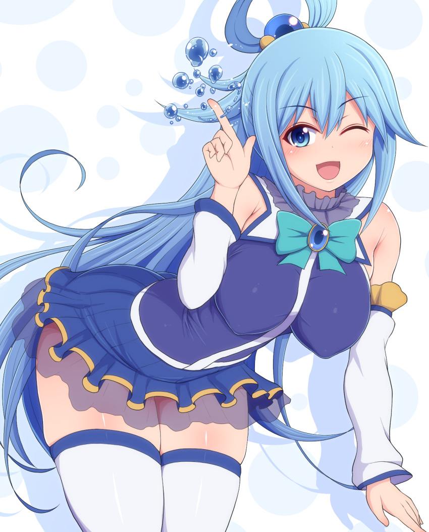 1girl aqua_(konosuba) bare_shoulders bent_over blue_dress blue_eyes blue_hair blush bow breasts commentary_request detached_sleeves dress eyebrows_visible_through_hair gem hair_ornament hair_rings highres kono_subarashii_sekai_ni_shukufuku_wo! large_breasts long_hair looking_at_viewer one_eye_closed ponpo see-through skirt smile solo thighhighs water white_legwear