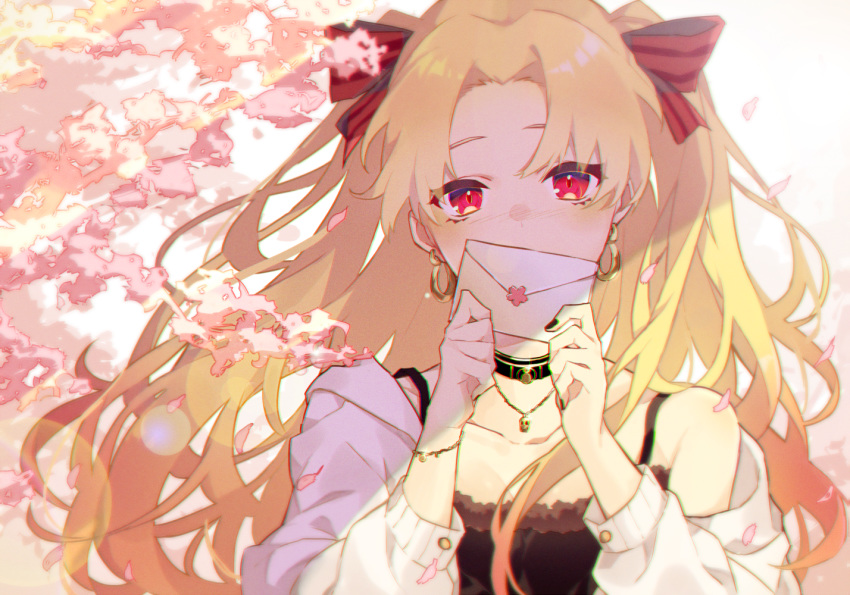 1girl bangs bare_shoulders black_dress black_nails blonde_hair blush bow bracelet commentary_request covered_mouth dress earrings envelope ereshkigal_(fate/grand_order) eyebrows_behind_hair fate/grand_order fate_(series) fingernails flower fujikiri_yana hair_between_eyes hair_bow hands_up holding holding_envelope infinity jacket jewelry long_hair nail_polish nose_blush off_shoulder open_clothes open_jacket parted_bangs petals pink_flower red_bow red_eyes sleeveless sleeveless_dress solo two_side_up upper_body very_long_hair white_jacket