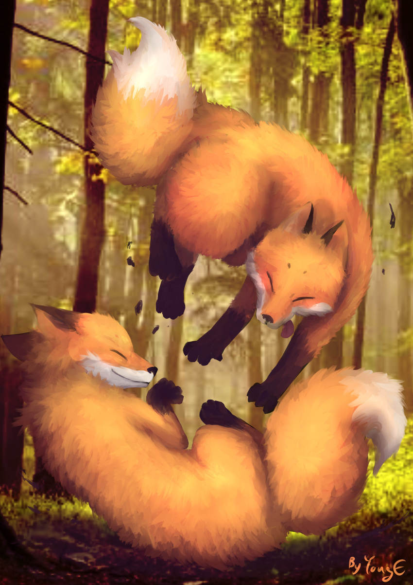 absurd_res ambiguous_gender black_fur black_nose blurred_background canid canine color_fox duo eyes_closed feral forest fox fur hi_res mammal markings orange_fur playful playing socks_(marking) tree white_fur