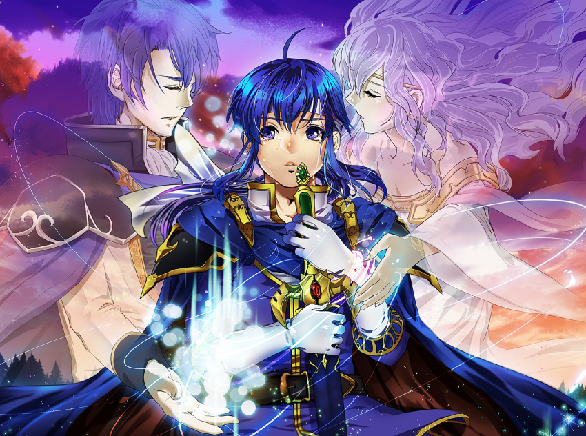 1girl 2boys ahoge blue_eyes blue_hair cape celice_(fire_emblem) closed_eyes cradling diadora_(fire_emblem) father_and_son fire_emblem fire_emblem:_seisen_no_keifu headband holding holding_sword holding_weapon long_hair mother_and_son multiple_boys niku_(amikoto) pauldrons sigurd_(fire_emblem) smile sword teardrop tears weapon white_hair