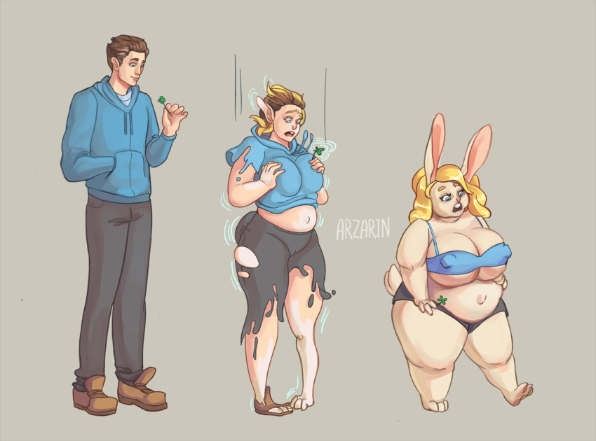 2019 anthro arzarin barefoot big_breasts blonde_hair breast_growth breasts brown_hair clothing clover female gender_transformation hair hand_on_breast hoodie human human_to_anthro lagomorph leporid male mammal mtf_transformation nipple_outline open_mouth overweight pants rabbit sequence shrinking simple_background smile solo species_transformation surprise tail_growth transformation weight_gain