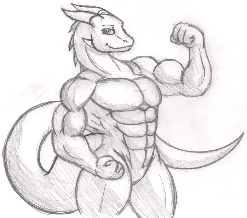 dragon dragon-heart flexing hi_res horn internal_genitals looking_at_viewer male muscular