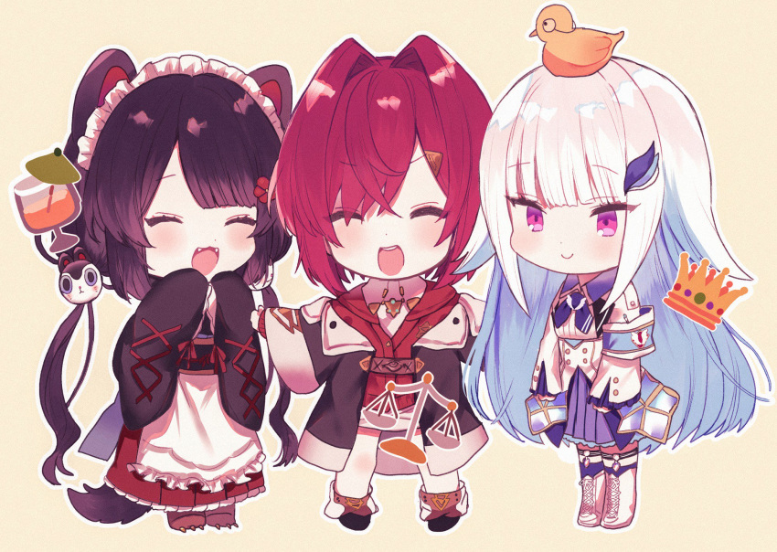 3girls ange_katrina animal_ears armband bangs bird black_coat black_hair blue_hair blunt_bangs blush boots brown_footwear chibi closed_eyes closed_mouth commentary cross-laced_footwear crown cup dog_ears dog_girl dog_hair_ornament drinking_glass fangs frilled_sleeves frills hair_intakes highres inui_toko jacket japanese_clothes kimono lace-up_boots lize_helesta long_hair long_sleeves monocle multiple_girls nijisanji on_head purple_eyes red_hair red_jacket round_teeth safety_pin shirt short_hair sidelocks simple_background smile teeth thighs very_long_hair virtual_youtuber wa_maid white_footwear white_hair white_shirt wide_sleeves y_o_u_k_a yellow_background