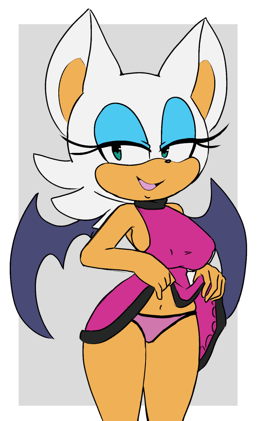 anthro big_breasts breasts chiropteran clothed clothing clothing_lift color_edit colored dress dress_lift edit eyelashes felicity_longis female fur green_eyes hearlesssoul hi_res mammal membranous_wings navel panties rouge_the_bat solo sonic_(series) tan_skin underwear white_fur wings