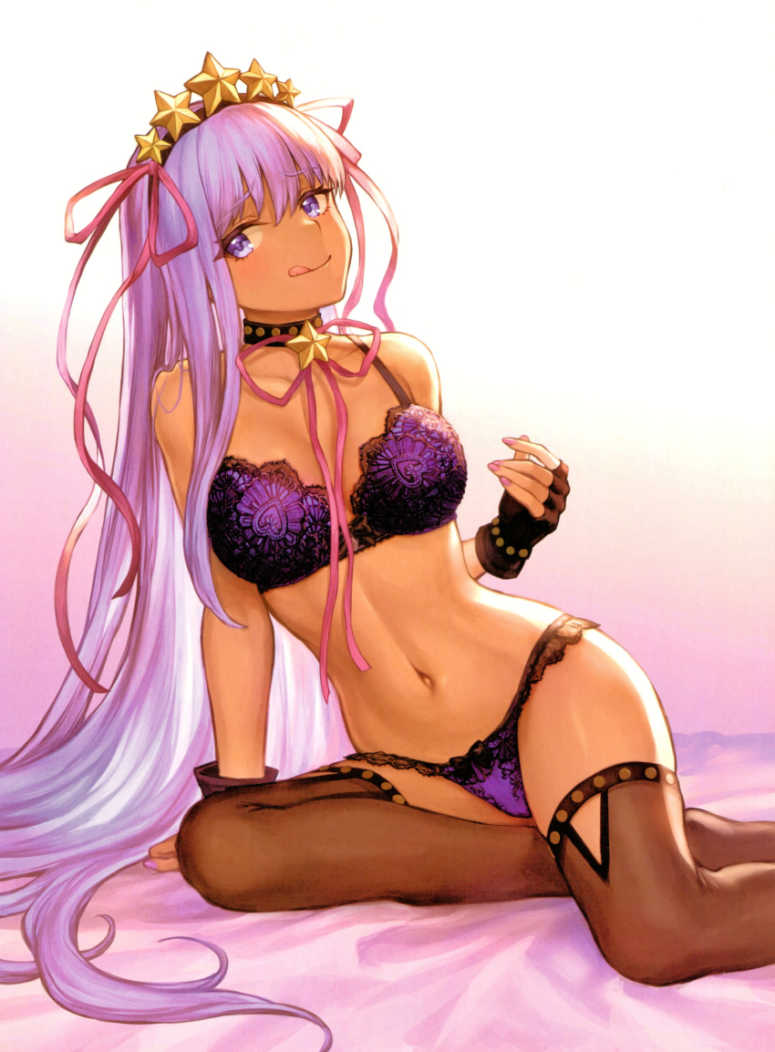 1girl absurdres alternate_costume arm_support bb_(fate)_(all) bb_(swimsuit_mooncancer)_(fate) bed bed_sheet black_gloves black_legwear bra breasts dated earrings eyebrows_visible_through_hair fate/grand_order fate_(series) fingerless_gloves floral_print gloves gold_trim gradient gradient_background hair_ornament hairband head_tilt highleg highleg_panties highres jewelry large_breasts licking_lips long_hair looking_at_viewer mashu_003 navel on_bed panties purple_bra purple_eyes purple_hair purple_panties purple_ribbon ribbon rose_print scan signature sitting solo star star_earrings star_hair_ornament tan thighhighs tongue tongue_out twitter_username underwear underwear_only very_long_hair