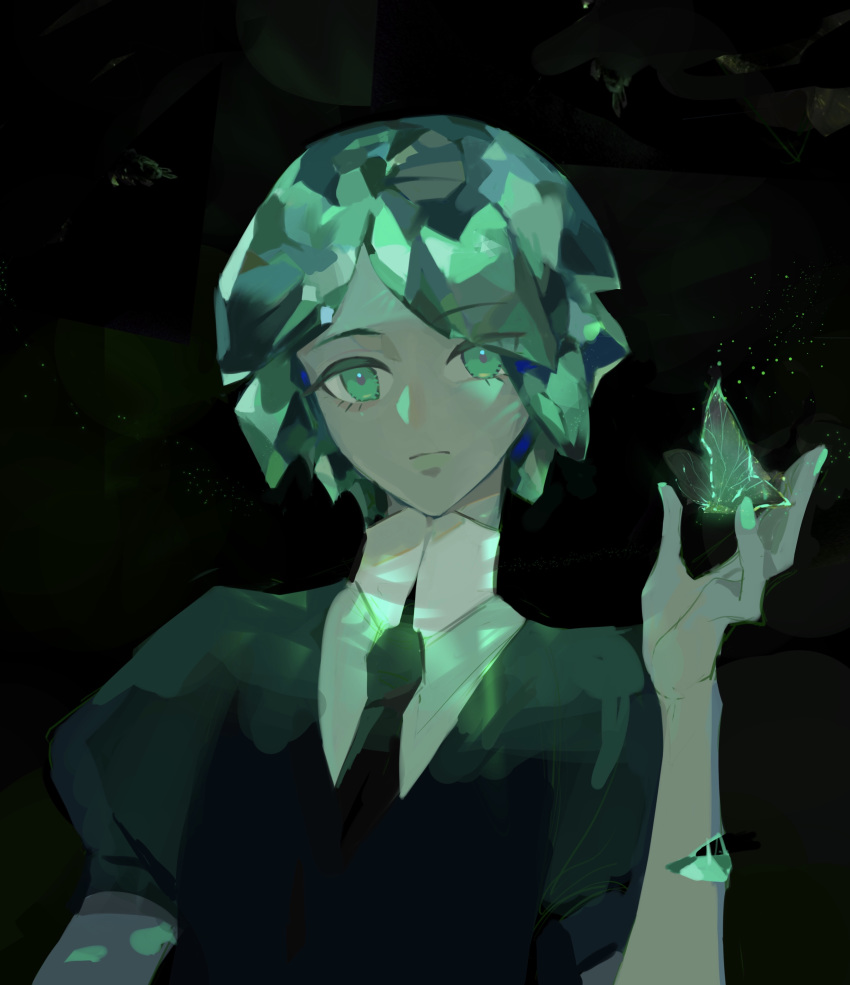 1other absurdres androgynous bug butterfly colored_eyelashes crystal_hair dark_background expressionless eyebrows_visible_through_hair eyes_visible_through_hair gem_uniform_(houseki_no_kuni) green_eyes green_hair highres houseki_no_kuni insect looking_at_viewer momosa_(472166143) necktie phosphophyllite short_hair solo upper_body
