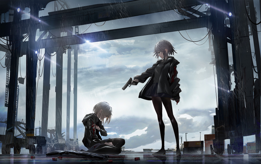 2girls aiming black_footwear black_jacket black_legwear black_shirt black_skirt blood blood_splatter blue_eyes cloud cloudy_sky commentary container crane day dripping eyebrows_visible_through_hair finger_on_trigger glock grey_hair gun hair_between_eyes handgun harbor highres holding holding_arm holding_gun holding_weapon jacket ladder multiple_girls open_clothes open_jacket original outdoors pantyhose pistol pleated_skirt profile rain reflection serious shirt shoes shotgun shotgun_shells sitting skirt sky sneakers standing swav weapon weapon_request