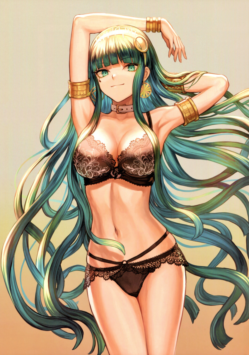 1girl absurdres armlet armpits arms_up bangs bare_shoulders belt_collar black_bra black_panties blunt_bangs blush bra bracelet breasts buckle cleavage cleopatra_(fate/grand_order) closed_mouth collar collarbone cowboy_shot earrings eyebrows_visible_through_hair fate/grand_order fate_(series) gradient gradient_background green_eyes green_hair groin hairband hand_behind_head highres hip_focus hoop_earrings jewelry lace lace-trimmed_bra lace-trimmed_panties large_breasts lingerie long_hair looking_at_viewer mashu_003 navel necklace panties scan signature smile solo stomach thighs underwear underwear_only very_long_hair