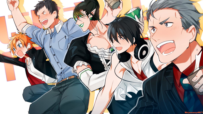 1girl 4boys alcohol black_eyes black_hair black_jacket blue_eyes blue_neckwear blue_pants blue_shirt blush commentary crossdressing cup denim earrings elbow_gloves eyeliner formal gloves green_lips grey_eyes grey_hair grin hanabatake_chaika headphones headphones_around_neck highres holding holding_cup jacket jeans jewelry maid maimoto_keisuke makeup miyukiyo multiple_boys nakao_azuma necktie nijisanji open_mouth orange_hair pants pointy_ears puffy_short_sleeves puffy_sleeves red_eyes red_shirt rice round_teeth saliva shirt short_sleeves sleeveless smile striped striped_suit suit teeth vertical_stripes virtual_youtuber white_jacket white_shirt yashiro_kizuku yumeoi_kakeru