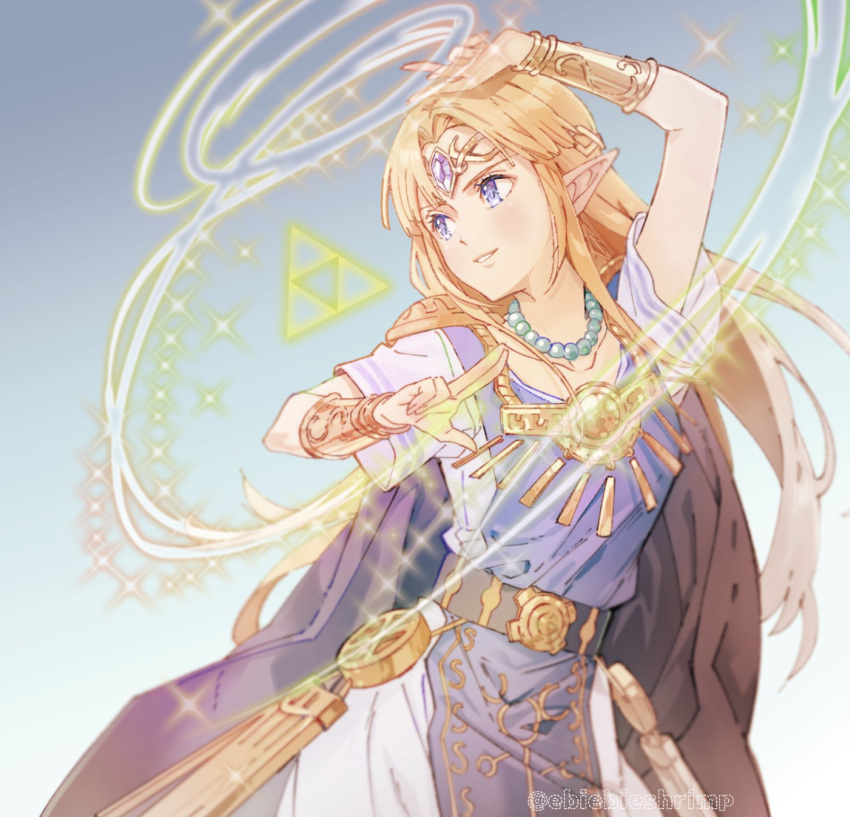 1girl bangs blonde_hair blue_eyes blush circlet dress earrings gown highres jewelry long_hair necklace pointy_ears princess_zelda shuri_(84k) simple_background smile solo super_smash_bros. the_legend_of_zelda the_legend_of_zelda:_a_link_between_worlds tiara triforce