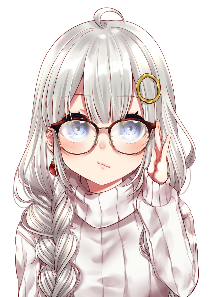 1girl ahoge bangs bespectacled blue_eyes blunt_bangs blush braid breasts closed_mouth commentary_request earrings eyebrows_visible_through_hair eyelashes glasses hair_ornament highres jewelry kizuna_akari long_hair sidelocks silver_hair simple_background skskjogio2444 sleeves_past_wrists solo sweater turtleneck turtleneck_sweater twin_braids voiceroid white_background