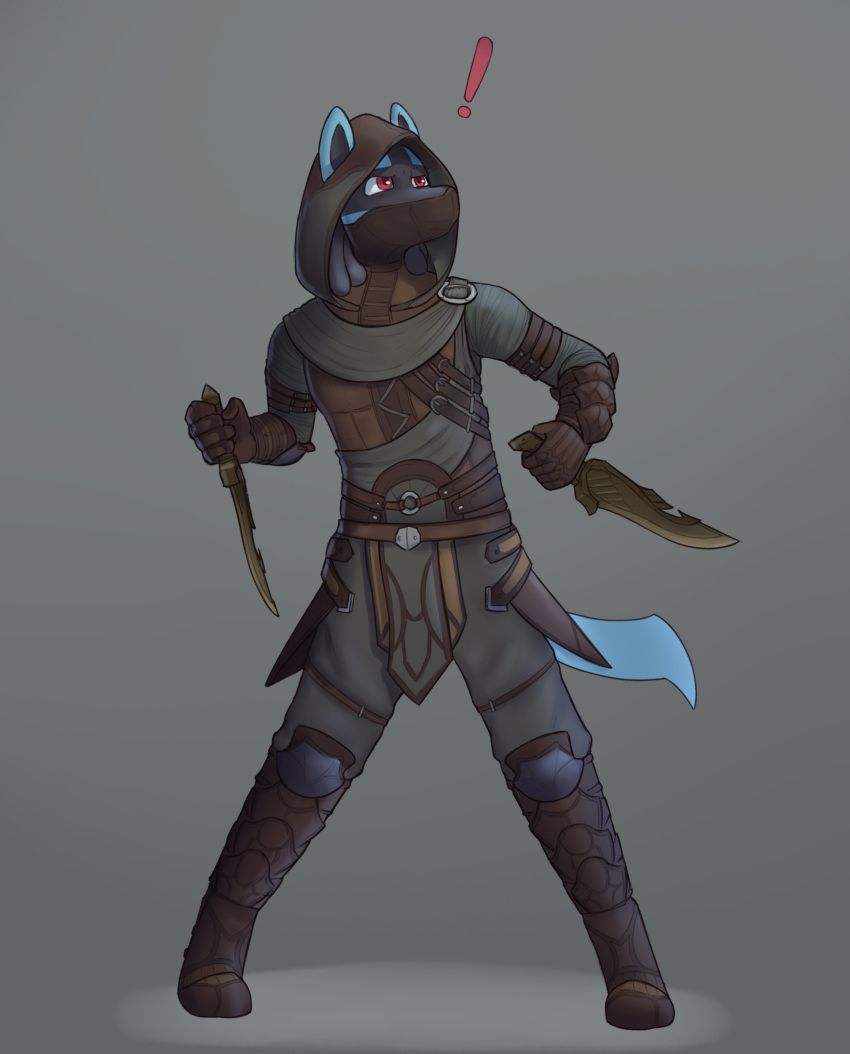2019 absurd_res anthro anthrofied armor atherol athletic bethesda_softworks bill_(skybluefox) black_fur blue_fur boots canid canine clothing cosplay dagger elder_scrolls_online footwear front_view fur gloves headgear hi_res hood leather leather_armor legwear lucario male mammal mask melee_weapon nintendo pok&eacute;mon pok&eacute;mon_(species) pok&eacute;morph red_eyes solo the_elder_scrolls thief video_games weapon