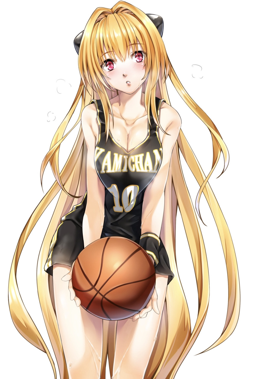 1girl alternate_costume ball bare_shoulders basketball basketball_uniform blonde_hair blush breasts character_name cleavage cowboy_shot hair_ornament highres holding holding_ball imo_(evekelu-111) konjiki_no_yami long_hair looking_at_viewer medium_breasts numbered red_eyes simple_background solo sportswear sweat to_love-ru very_long_hair white_background