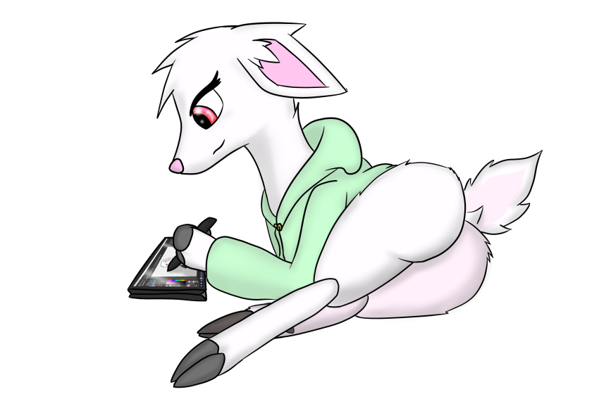 albino albinoraynedeer butt cervid clothing doe drawing female hi_res hoodie mammal pen rayne_the_deer stylus tablet