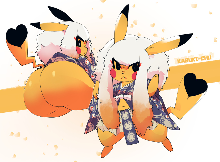 big_butt butt cleft_tail clothed clothing female gats hair hi_res japanese_clothing kimono looking_at_viewer looking_back makeup mammal multicolored_hair nintendo orange_hair pikachu pok&eacute;mon pok&eacute;mon_(species) rodent short_stack solo video_games white_hair