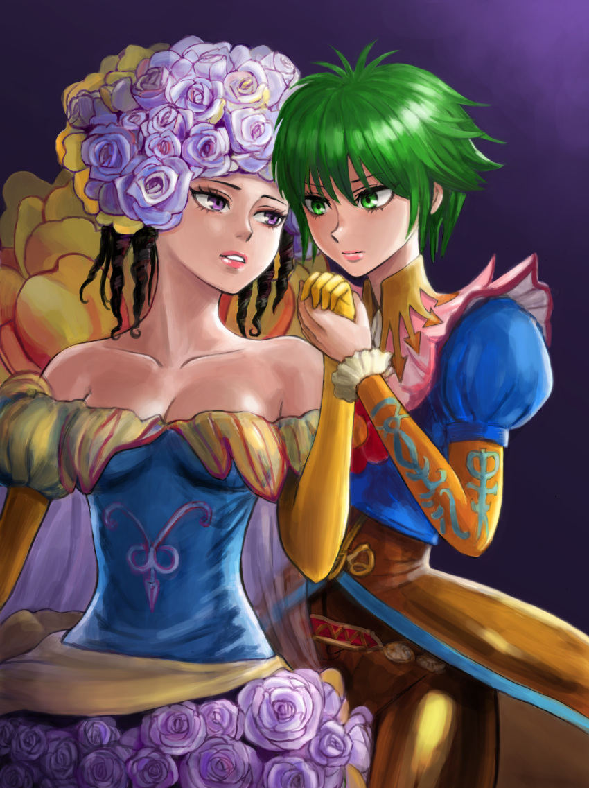 2girls absurdres asellus_(saga_frontier) bare_shoulders blush breasts brown_hair cleavage curly_hair dress flower green_eyes green_hair hair_flower hair_ornament headdress highres lipstick long_hair makeup medium_breasts multiple_girls princess_white_rose purple_eyes rose saga saga_frontier short_hair strapless strapless_dress white_flower white_rose