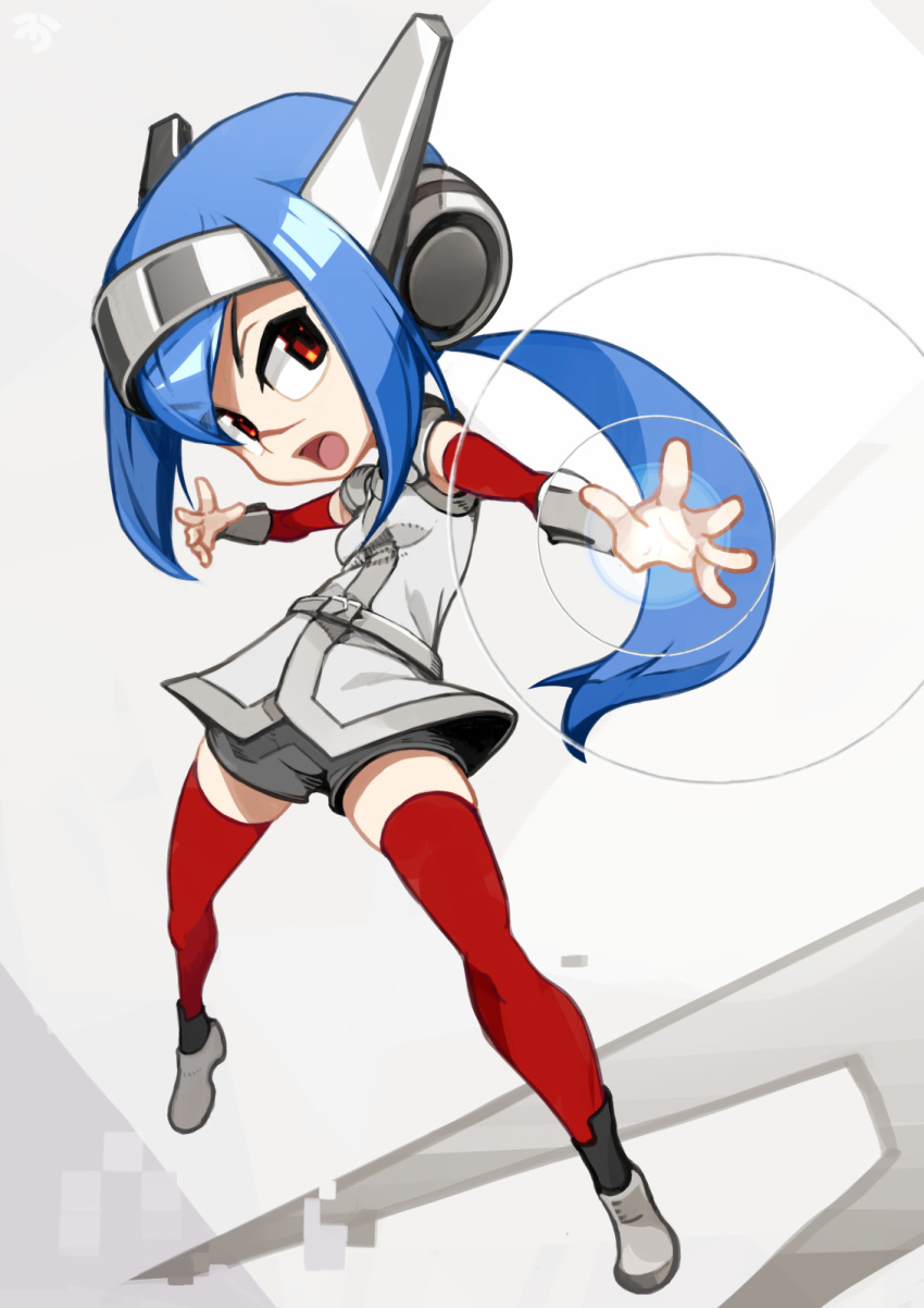 1girl arm_warmers blue_hair bracer chibi crosscode eyebrows_visible_through_hair facial_scar fighting_stance full_body hair_between_eyes headgear helmet highres jacket lea_(crosscode) legs_apart light_smile long_hair looking_at_viewer nose_scar open_mouth ponytail red_eyes red_legwear scar shorts shorts_under_skirt shoulder_armor sidelocks solo spaulders standing thighhighs white_background white_footwear yunar