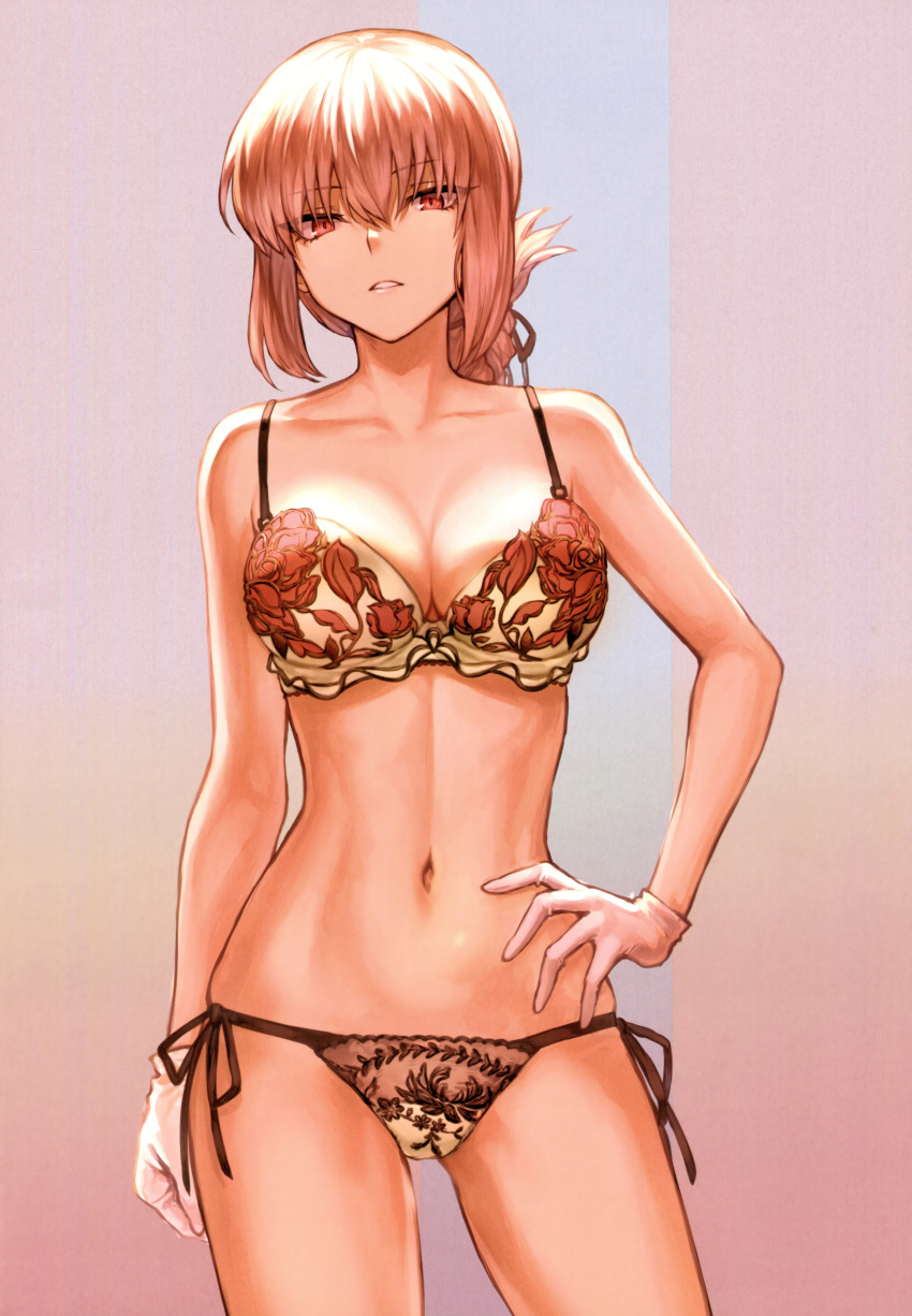 1girl absurdres alternate_costume antenna_hair ass_visible_through_thighs bare_arms bare_shoulders bra breasts cleavage commentary contrapposto cowboy_shot embroidered_bra embroidered_panties embroidery eyebrows_visible_through_hair fate/grand_order fate_(series) floral_print florence_nightingale_(fate/grand_order) gloves gradient gradient_background highres large_breasts lingerie long_hair looking_at_viewer lowleg lowleg_panties mashu_003 multicolored multicolored_background narrow_waist navel panties parted_lips pink_hair print_bra print_panties red_eyes rose_print see-through side-tie_panties signature solo standing stomach thighs underwear underwear_only white_bra white_gloves