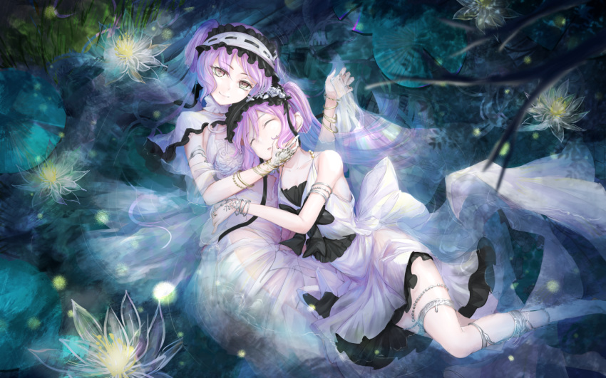 2girls anklet armlet bangs closed_eyes dress euryale fate/grand_order fate_(series) frilled_hairband frills goddess hairband headdress jewelry koroneko_p0w0q lolita_fashion lolita_hairband long_hair looking_at_viewer multiple_girls purple_eyes purple_hair revealing_clothes siblings sisters stheno thighlet thighs twins twintails very_long_hair white_background white_dress